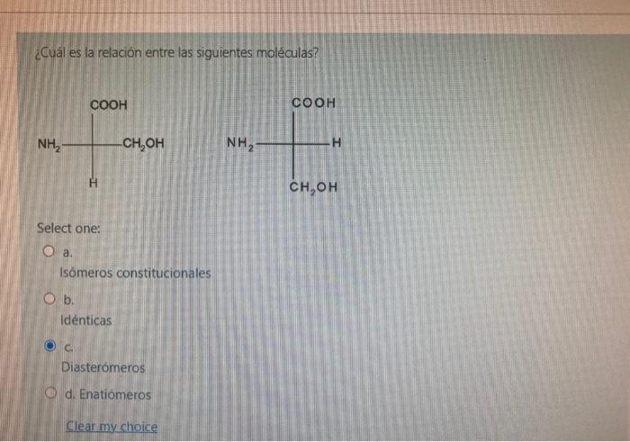 ¿Cuál es la relación entre las siguientes moléculas? Select one: a. Isómeros constitucionales b. Idénticas c. Diasterómeros d