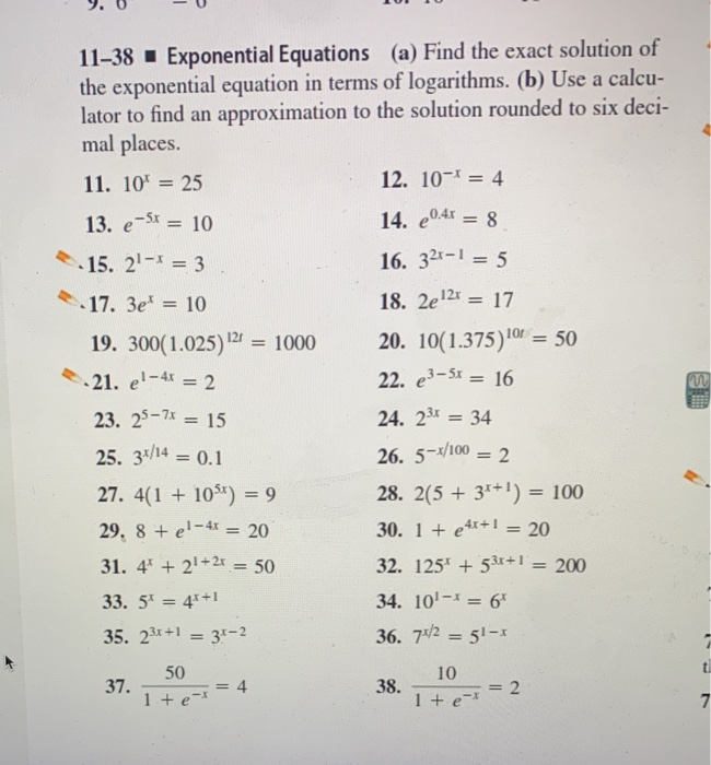 Solved 11-38 Exponential Equations (a) Find the exact | Chegg.com