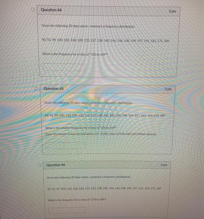 Solved Question 44 3 pts Given the following 20 data values. | Chegg.com