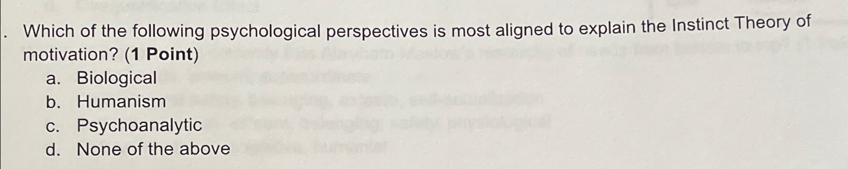 Solved Which of the following psychological perspectives is | Chegg.com