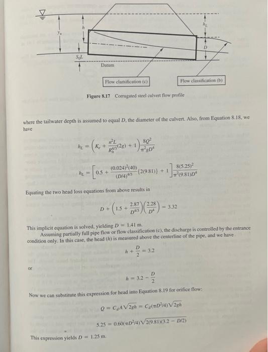 Solved 9.1. In Example 8.5, a culvert diameter of 1.5 m is | Chegg.com