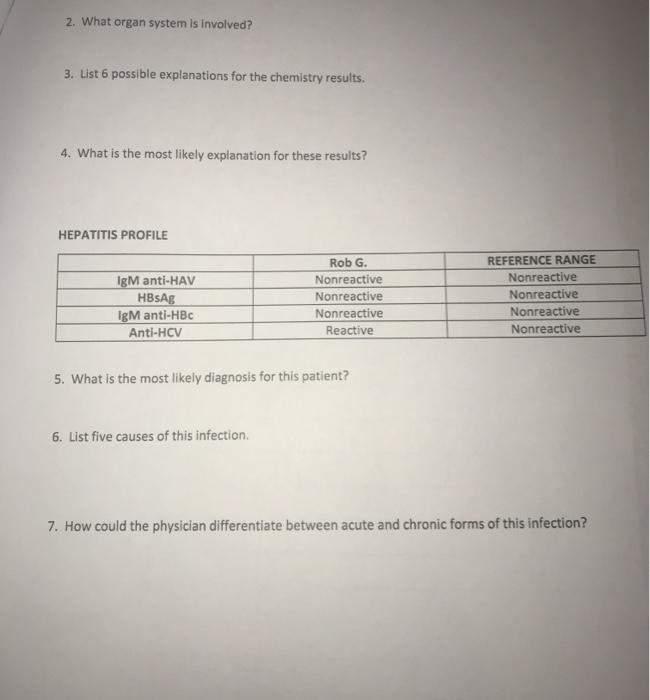 2. What organ system is involved? 3. List 6 possible explanations for the chemistry results. 4. What is the most likely expla