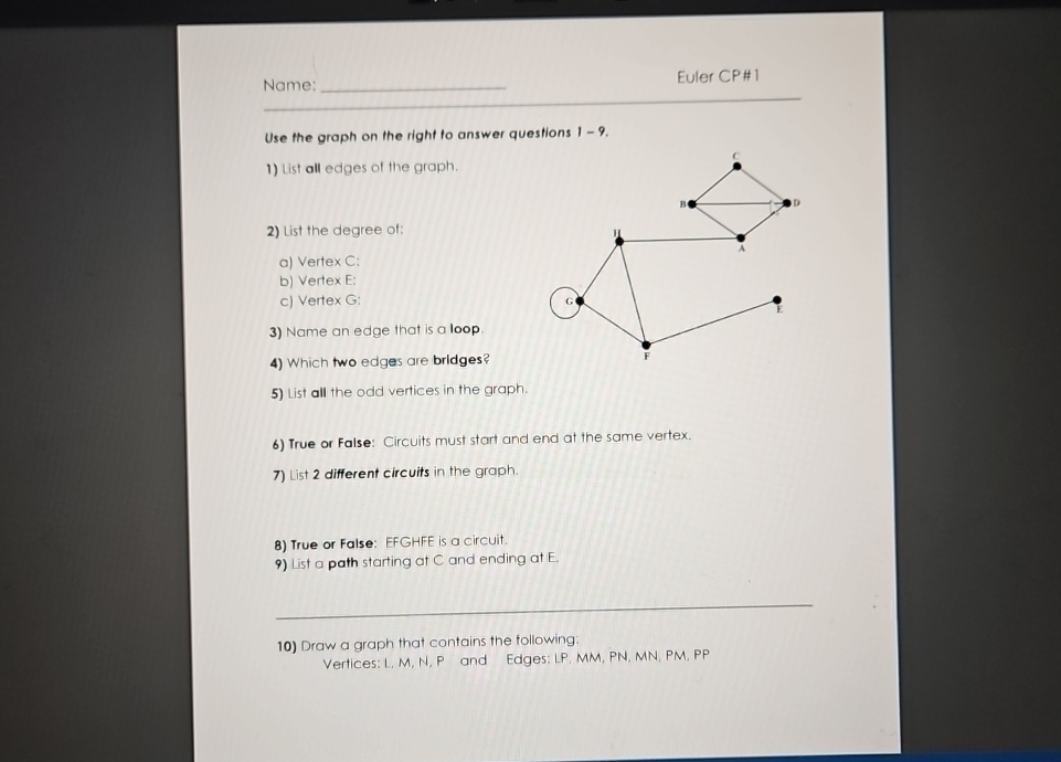 Solved Name:Euler CP# 1Use the graph on the right to answer | Chegg.com