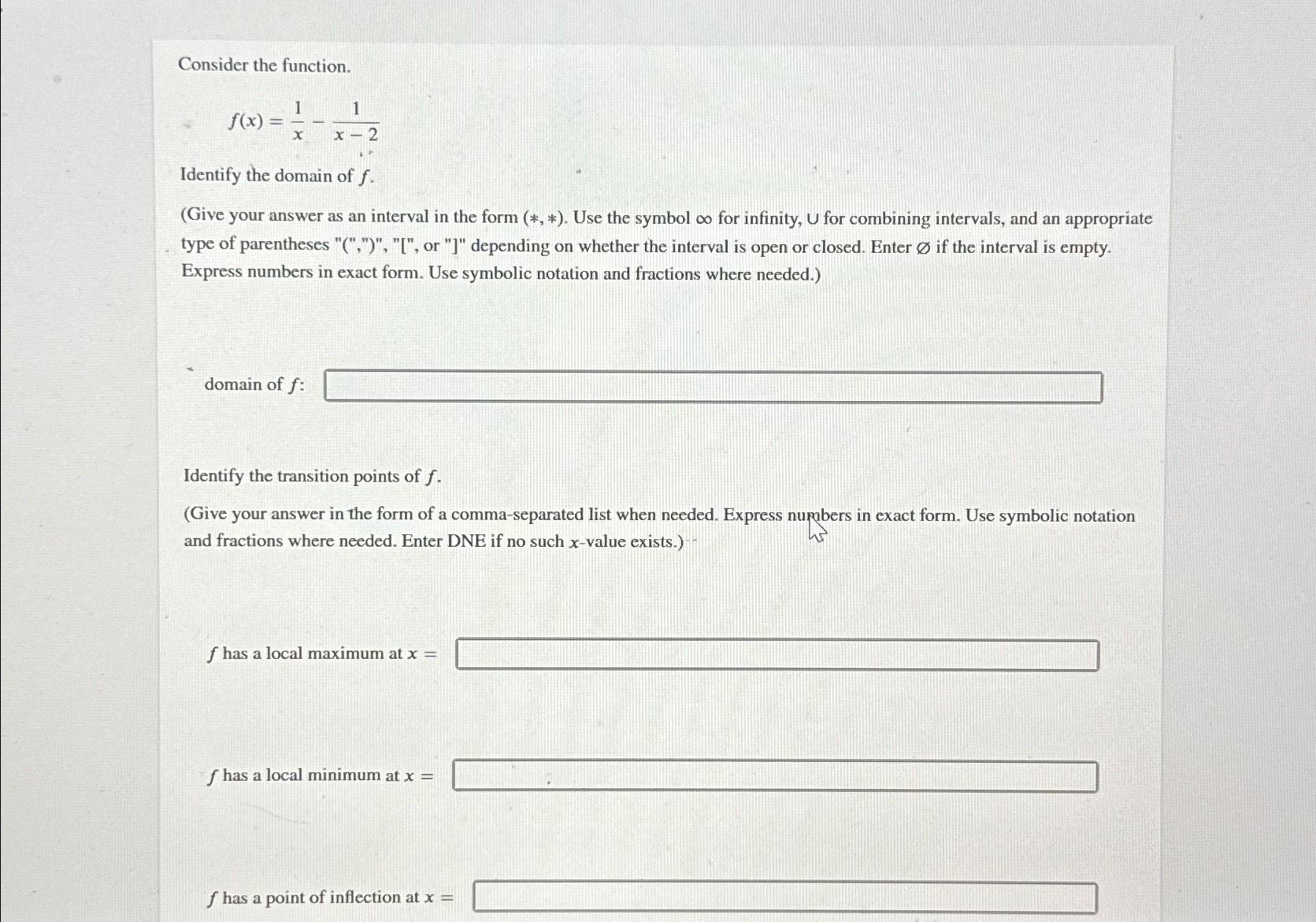 Solved Consider the function.f(x)=1x-1x-2Identify the domain | Chegg.com
