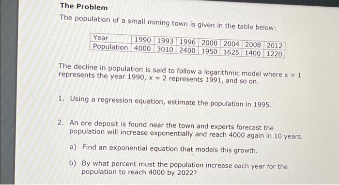 Solved The Problem The population of a small mining town is | Chegg.com