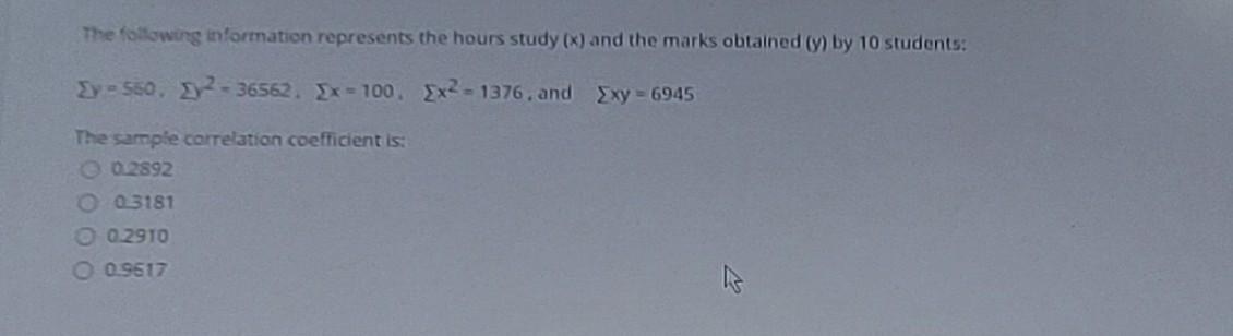 Solved The following information represents the hours study | Chegg.com