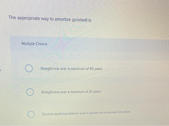 Solved The appropriate way to amortize goodwill is Multiple | Chegg.com
