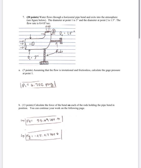 Solved 7. (20 points) Water flows through a horizontal pipe | Chegg.com