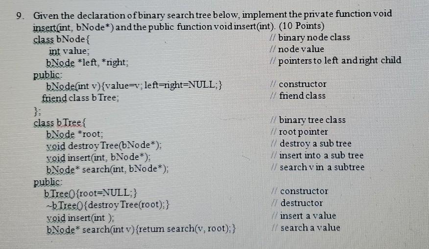 Solved 10. Given the binary search tree class in question 9. | Chegg.com