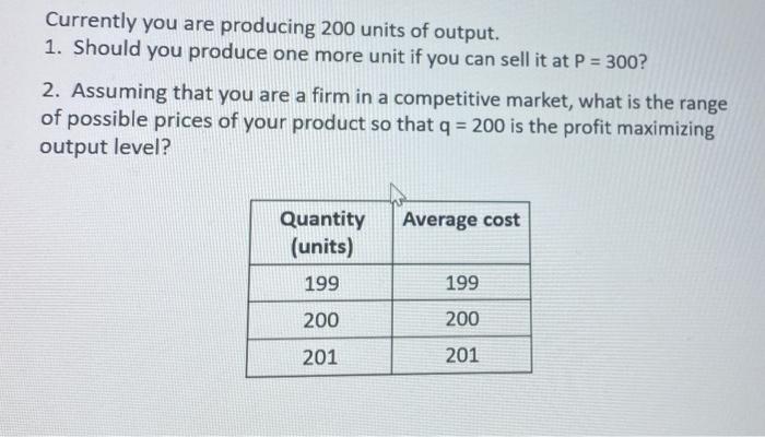 Solved Currently You Are Producing 200 Units Of Output. 1. | Chegg.com