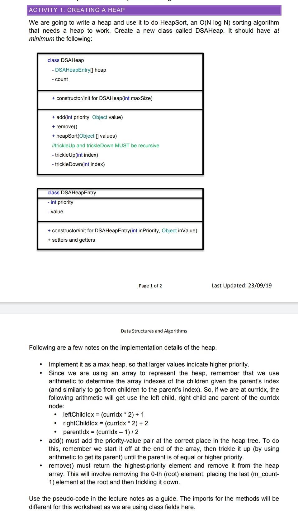 Solved ACTIVITY 1: CREATING A HEAP We are going to write a | Chegg.com
