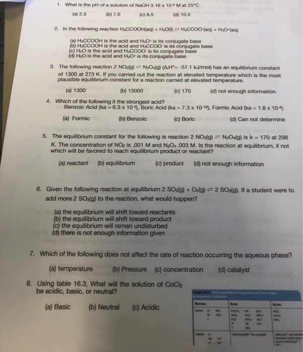 Solved 1 What Is The Ph Of A Solution Of Naoh 3 16 X 10 Chegg Com