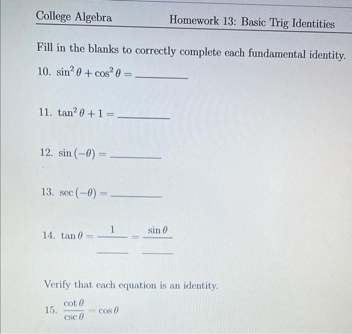 Solved College Algebra Homework 13 Basic Trig Identities