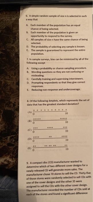 Solved 6. A simple random sample of size n is selected in | Chegg.com