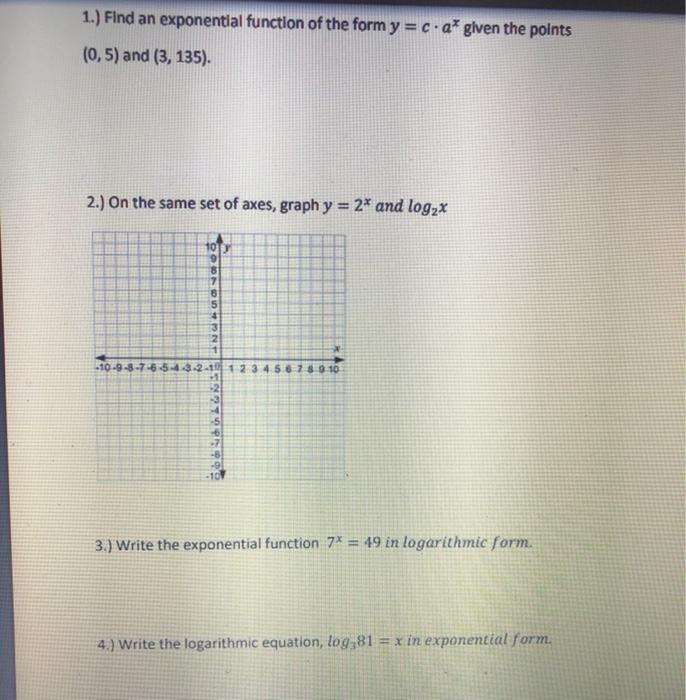 Solved 1.) Find an exponential function of the form y = c.a* | Chegg.com