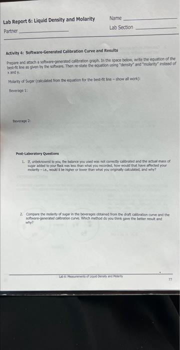Lab Report 6: Liquid Density and Molarity Name | Chegg.com