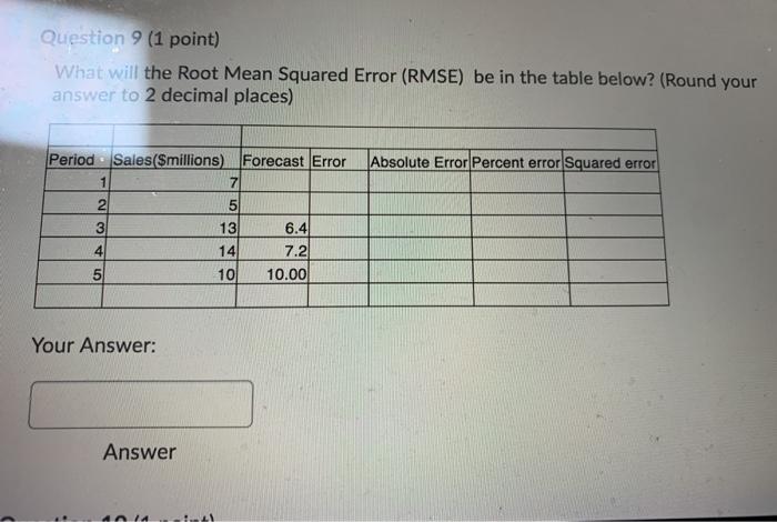 Solved Question 9 (1 point) What will the Root Mean Squared | Chegg.com