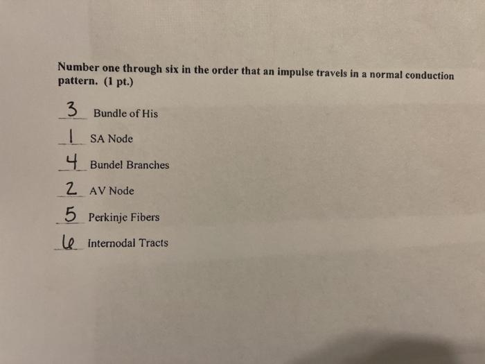 Number one through six in the order that an impulse travels in a normal conduction pattern. (1 pt.) 3 Bundle of His | SA Node