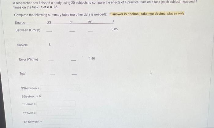 Solved A Researcher Has Finished A Study Using 20 Subjects Chegg Com   Image