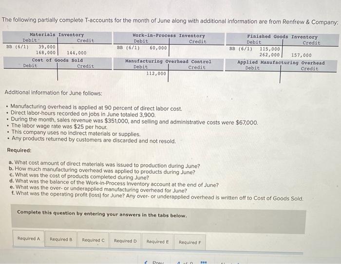 The following partially complete T-accounts for the month of June along with additional information are from Renfrew \& Compa