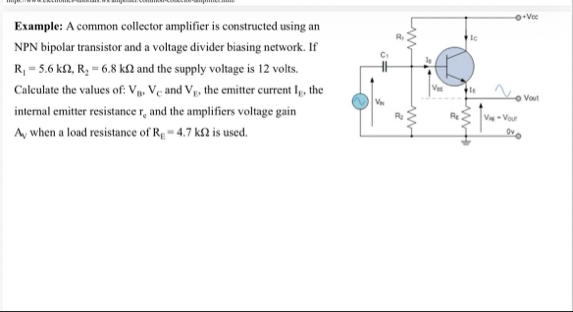 Solved Example: A common collector amplifier is constructed | Chegg.com