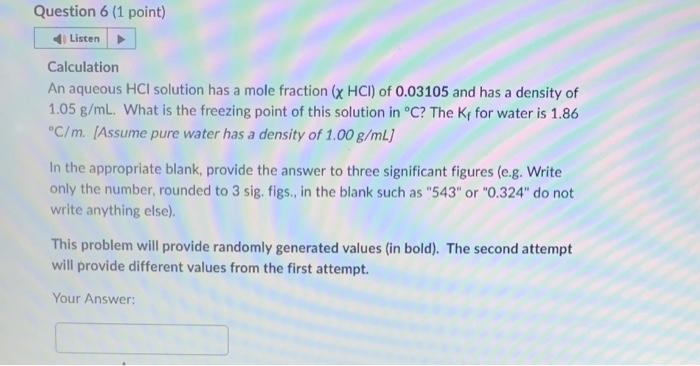 Solved Calculation An aqueous HCl solution has a mole | Chegg.com