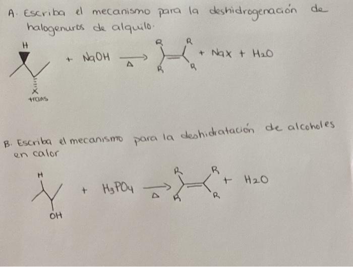 A. Escriba el mecanismo para la deshidrogenación de halogenuros de alquilo. B. Escriba el mecanismo para la deshidratación d