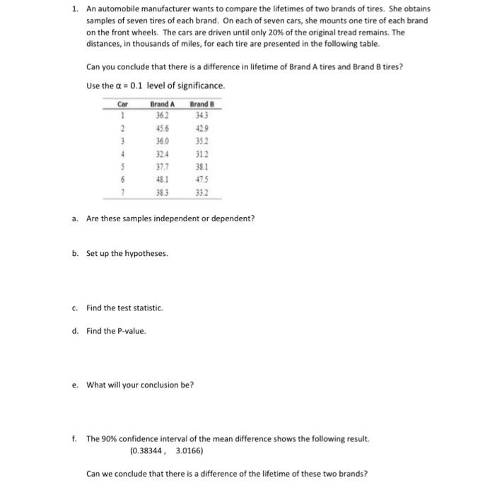 Solved 1. An Automobile Manufacturer Wants To Compare The | Chegg.com