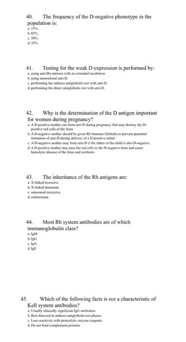 Solved 40. The frequency of the D-negative phenotype in the | Chegg.com