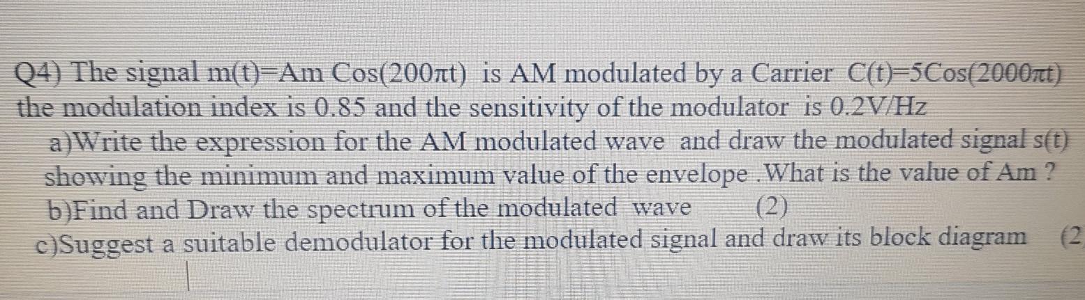 Solved Q4) The signal m(t)=Am Cos(200ft) is AM modulated by | Chegg.com
