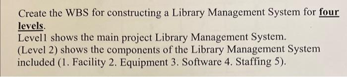 Create the WBS for constructing a Library Management System for four levels.
Levell shows the main project Library Management