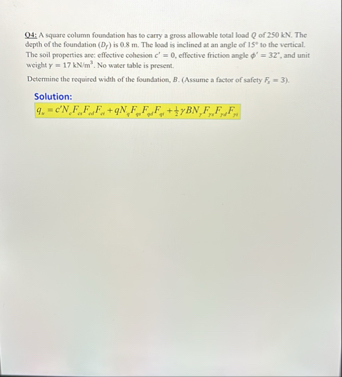 Q4: A square column foundation has to carry a gross | Chegg.com