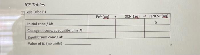ICE Tables +Test Tube E1 Initial conc./ M: Change in | Chegg.com