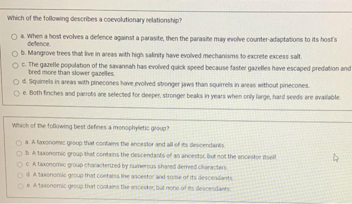 Solved Which Of The Following Describes A Coevolutionary Chegg