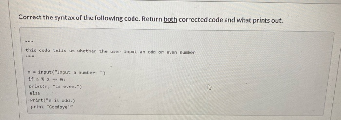 Solved Correct the syntax of the following code. Return both | Chegg.com