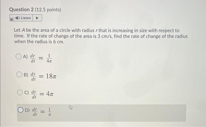 Solved Question 2 (12.5 points) Listen → Let A be the area | Chegg.com