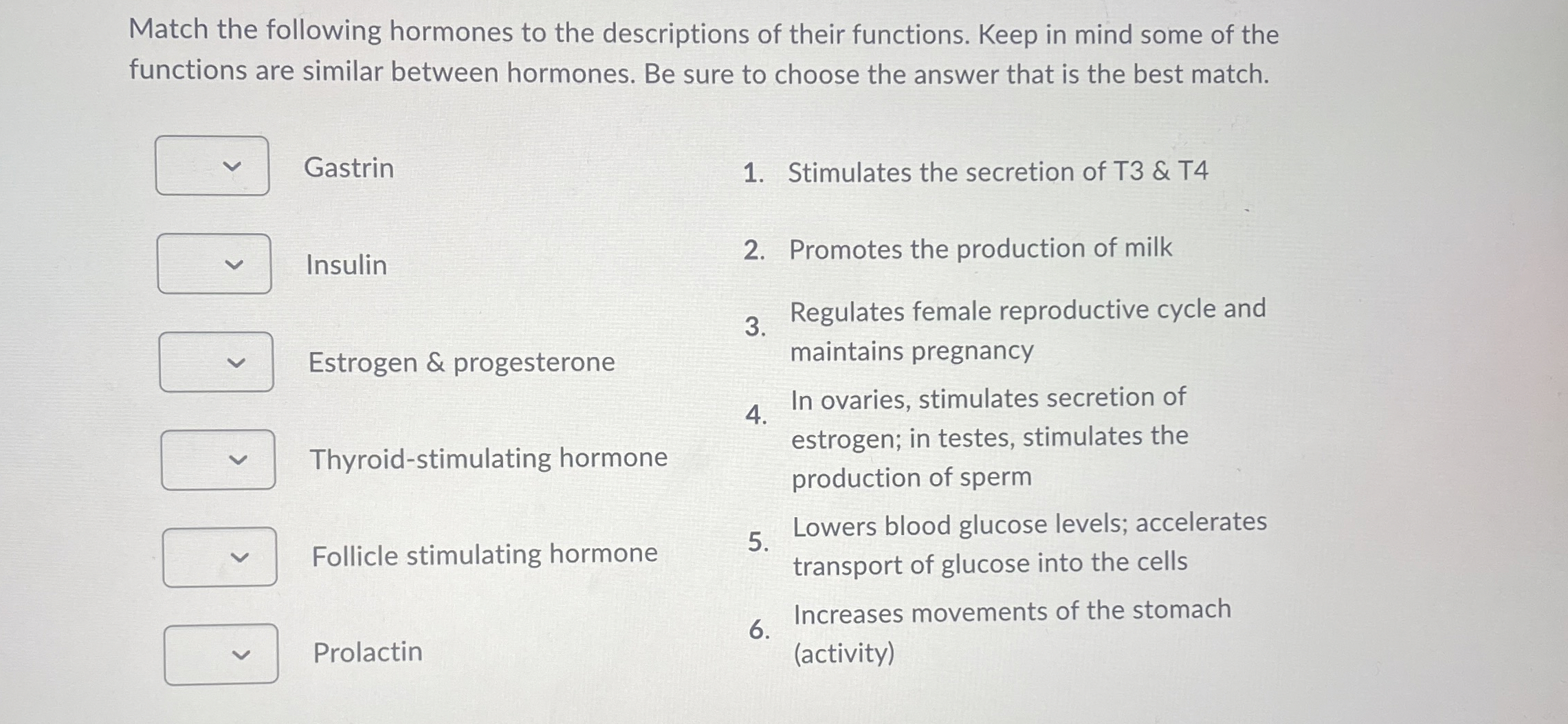 Solved Match the following hormones to the descriptions of | Chegg.com
