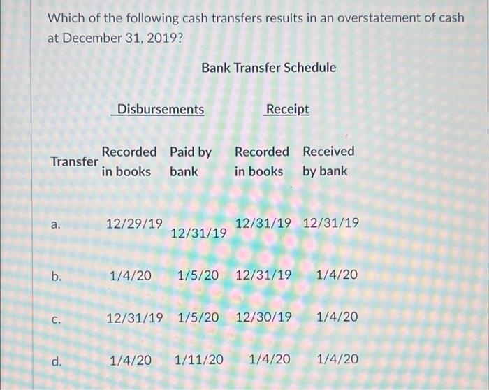 Solved Which of the following cash transfers results in an | Chegg.com