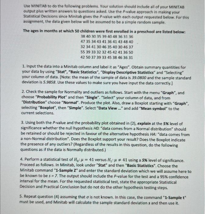 Solved Use MINITAB to do the following problems. Your | Chegg.com