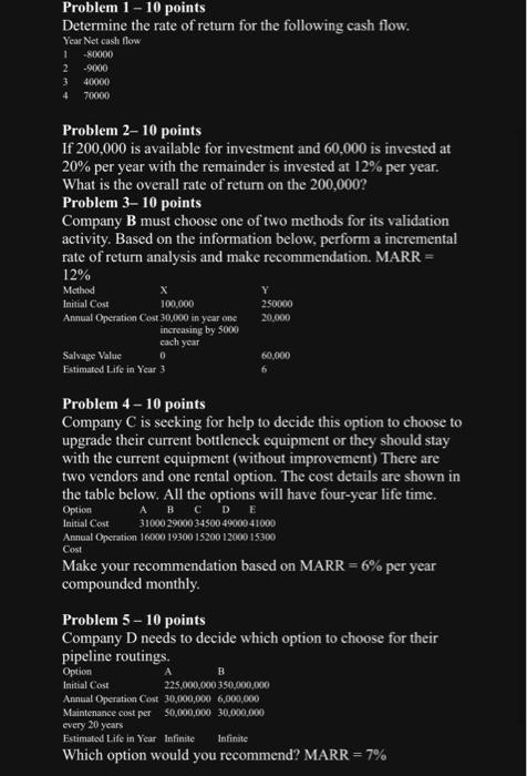 Solved Problem 1 - 10 Points Determine The Rate Of Return | Chegg.com