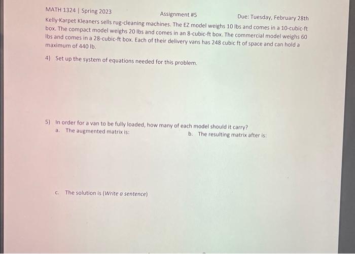 MATH 1324 Spring 2023 Kelly Karpet Kleaners sells