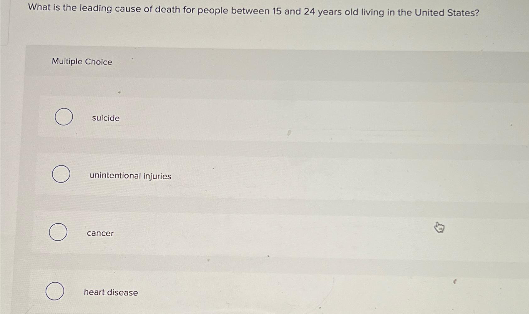 Solved What is the leading cause of death for people between | Chegg.com