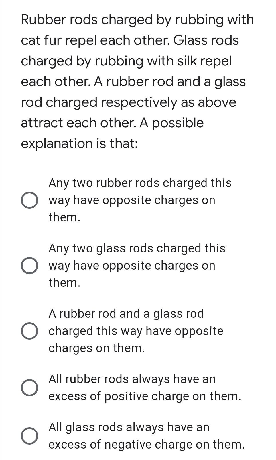 Solved Rubber rods charged by rubbing with cat fur repel
