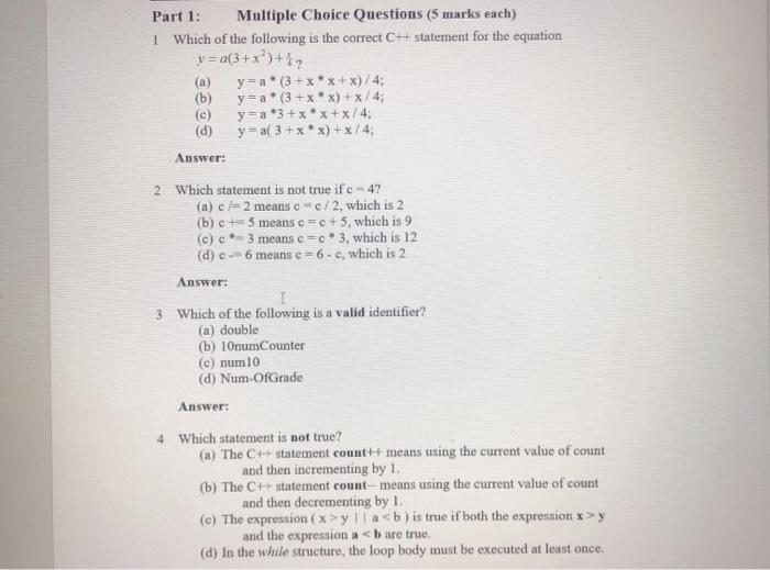 Solved Part 1: Multiple Choice Questions (5 marks each) 1 | Chegg.com