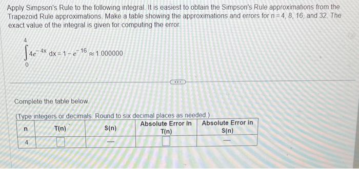 Solved Apply Simpson's Rule to the following integral. It is | Chegg.com
