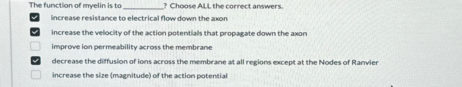 Solved The function of myelin is to? ﻿Choose ALL the correct | Chegg.com