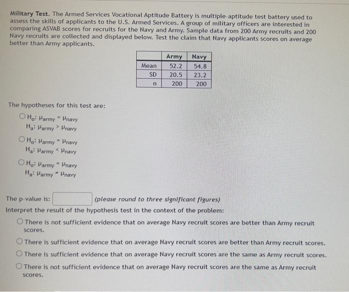 Solved Military Test. The Armed Services Vocational Aptitude