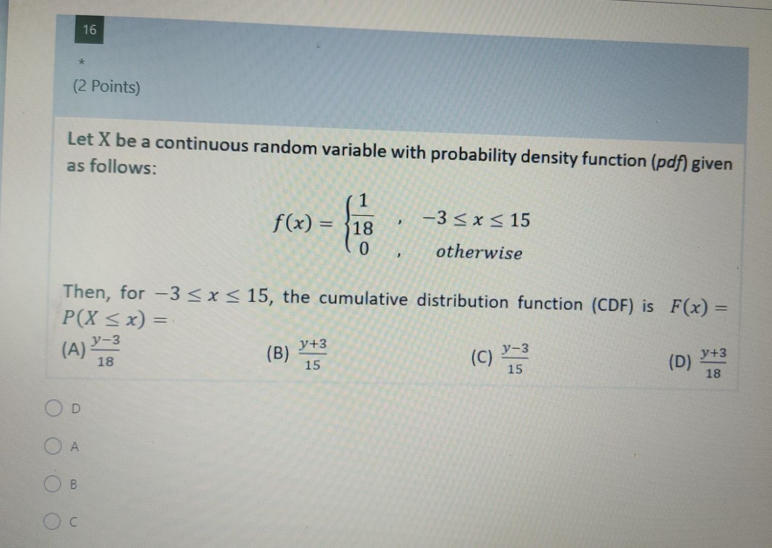 Solved 16 (2 Points) Let X be a continuous random variable | Chegg.com