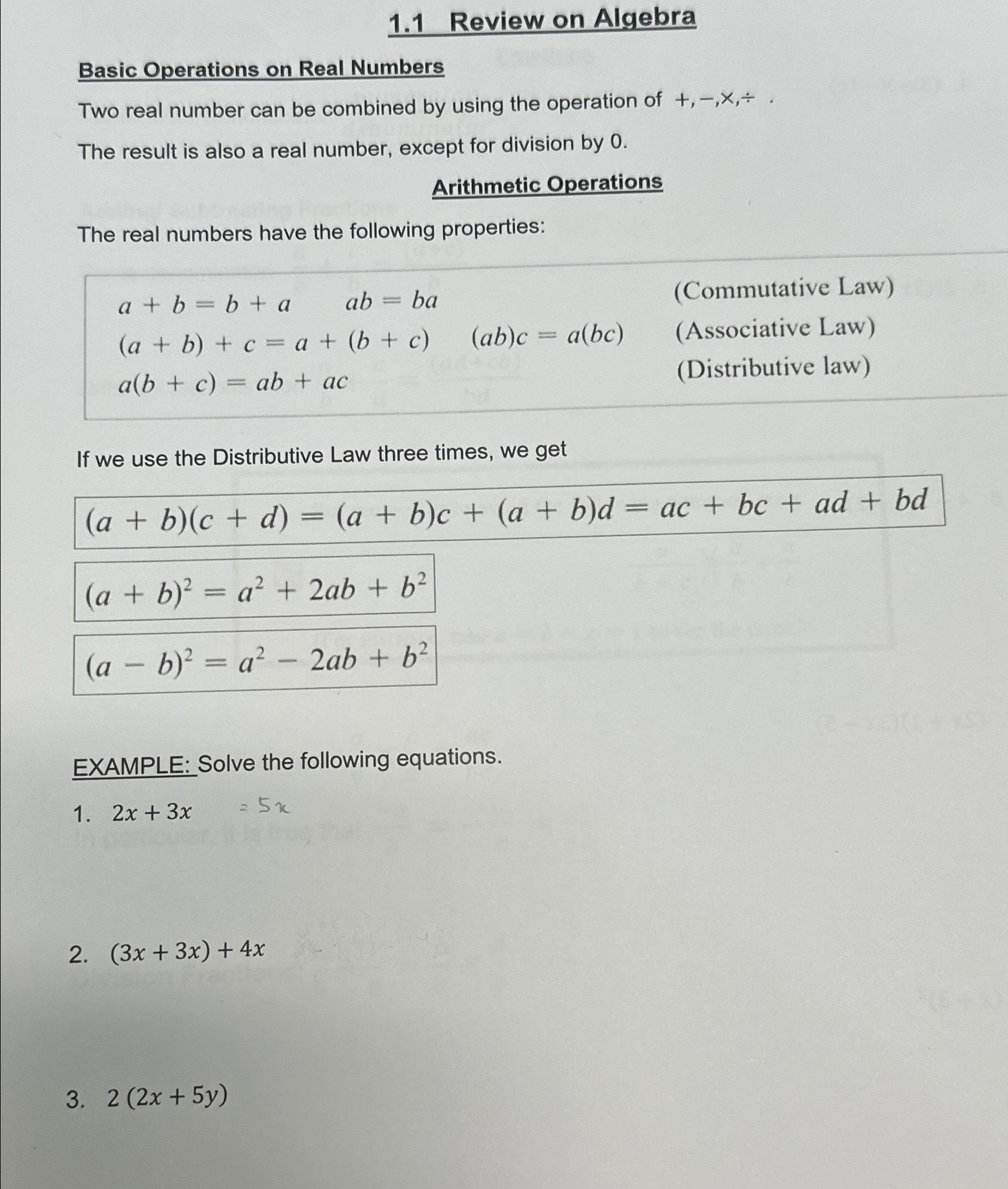 Solved 1.1 ﻿Review on AlgebraBasic Operations on Real | Chegg.com