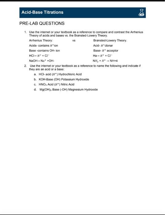 Solved AcidBase Titrations 0 VS PRELAB QUESTIONS 1. Use